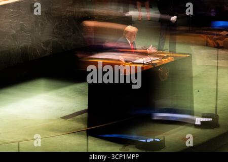 New York, New York, USA. 23rd Sep, 2025. U.S. President DONALD TRUMP speaks during the 80th session of the United Nations General Assembly (UNGA). World leaders have gathered in New York City at the United Nations headquarters for the United Nations General Assembly's annual high-level debate. (Credit Image: © Matthew Hoen/ZUMA Press Wire) EDITORIAL USAGE ONLY! Not for Commercial USAGE! Stock Photo