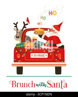 Brunch with Santa Funny Festive event vector poster. Cute Santa deliver pancakes in red truck. Fun breakfast Christmas kids enjoy. New Year eve fest Stock Vector