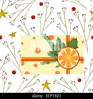 Golden stars, branches orange slices, gift box Seamless pattern. Illustration hand drawn For Christmas and New Year presents, holiday decoration, stic Stock Photo