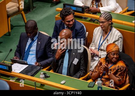 New York, NY, USA. 23rd Sep, 2025. The South African delegation at the UN General Assembly during President Cyril Ramaphosa's address at the General Debate of the 80th session of the United Nations General Assembly (UNGA 80), held at UN Headquarters in New York City. Credit: Liri Agami/Media Punch/Alamy Live News Stock Photo