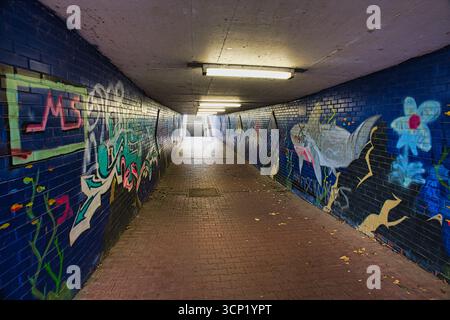 Urban Underpass Tunnel with Colorful Graffiti Murals and Street Art on Blue Brick Walls Stock Photo