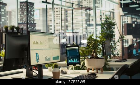 Computer screen on office desk displaying financial charts of company profits performance metrics. Data analytics on PC display showing corporate business earnings KPIs, zoom in Stock Photo