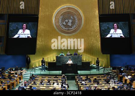 United Nations. 23rd Sep, 2025. Peruvian President Dina Boluarte delivers a speech during the General Debate of the 80th session of the United Nations General Assembly (UNGA) at the UN headquarters in New York, Sept. 23, 2025. Credit: Li Rui/Xinhua/Alamy Live News Stock Photo