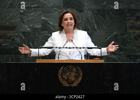 United Nations. 23rd Sep, 2025. Peruvian President Dina Boluarte delivers a speech during the General Debate of the 80th session of the United Nations General Assembly (UNGA) at the UN headquarters in New York, Sept. 23, 2025. Credit: Li Rui/Xinhua/Alamy Live News Stock Photo