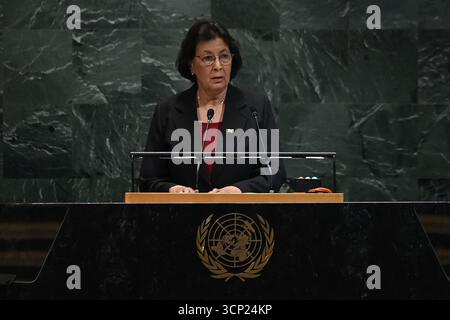 United Nations. 23rd Sep, 2025. Surinamese President Jennifer Simons delivers a speech during the General Debate of the 80th session of the United Nations General Assembly (UNGA) at the UN headquarters in New York, Sept. 23, 2025. Credit: Li Rui/Xinhua/Alamy Live News Stock Photo