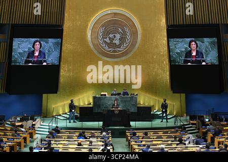 United Nations. 23rd Sep, 2025. Surinamese President Jennifer Simons delivers a speech during the General Debate of the 80th session of the United Nations General Assembly (UNGA) at the UN headquarters in New York, Sept. 23, 2025. Credit: Li Rui/Xinhua/Alamy Live News Stock Photo