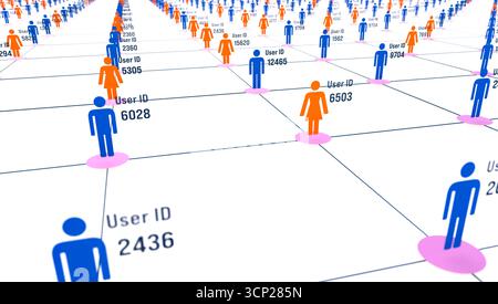 Close-up online user, communication, identification, cloud network, internet. Close-up online user identification, communication, connection, cloud network, internet. System, computer network, control, user access, social media, authorization. 3D illustration img technology079s05 commmunication network users Stock Photo