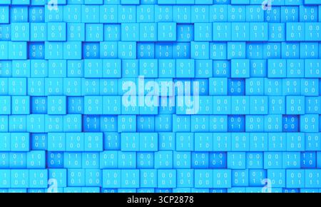 Abstract blue cubes with binary code, technology, big data, blockchain. Abstract blue cubes with binary code, technology, big data. Machine learning, AI, artificial intelligece, science, code, encryption. 3D illustration img technology084s06 binary code symbol Stock Photo