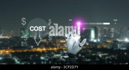 Artificial intelligence robot hand lowering cost indicator on futuristic digital interface, representing technology, efficiency, and financial savings Stock Photo
