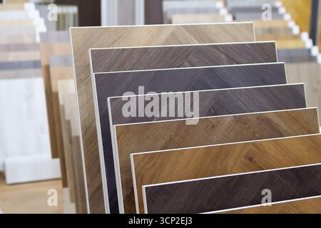 Samples of modern flooring in the showroom. Industry Stock Photo