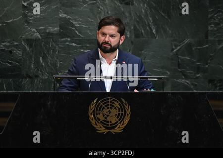 United Nations. 23rd Sep, 2025. Chilean President Gabriel Boric delivers a speech during the General Debate of the 80th session of the United Nations General Assembly (UNGA) at the UN headquarters in New York, Sept. 23, 2025. Credit: Li Rui/Xinhua/Alamy Live News Stock Photo