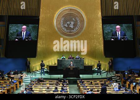 United Nations. 23rd Sep, 2025. Lebanese President Joseph Aoun delivers a speech during the General Debate of the 80th session of the United Nations General Assembly (UNGA) at the UN headquarters in New York, Sept. 23, 2025. Credit: Li Rui/Xinhua/Alamy Live News Stock Photo