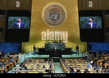 United Nations. 23rd Sep, 2025. Chilean President Gabriel Boric delivers a speech during the General Debate of the 80th session of the United Nations General Assembly (UNGA) at the UN headquarters in New York, Sept. 23, 2025. Credit: Li Rui/Xinhua/Alamy Live News Stock Photo