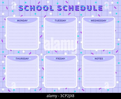 Vector school schedule template in blue colors. Timetable for schoolchildren and pupils, doodle cartoon design, back to school weekly lesson planner w Stock Vector