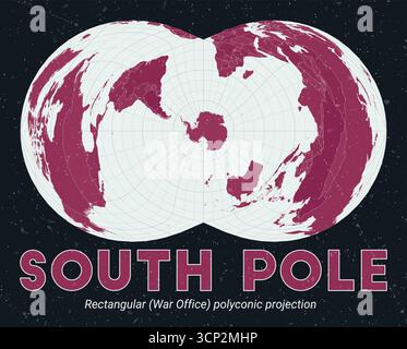 South Pole. World map. Rectangular (War Office) polyconic projection centered to South Pole. Pale Mint Dark Pink palette. Vintage texture. Stock Vector