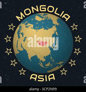Mongolia on Globe. Country name in round text. Vintage look with grunge scratched texture. Stock Vector
