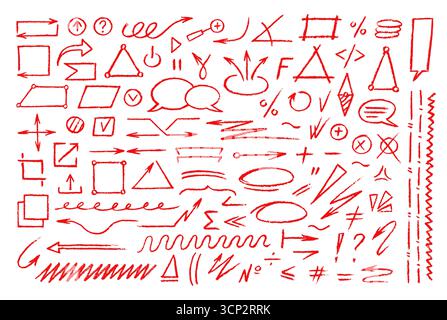 Doodle red crayon pencil hand drawn lines, highlight, underline and arrow symbols. Vector set of marker sketch circles speech bubbles and squiggles and for annotations, infographics and presentations Stock Vector