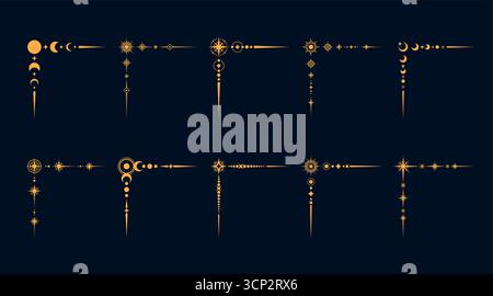 Celestial esoteric border corners with mystic and magic symbols, vector set. Corner borders and dividers with golden sun, moon and stars, mystic celestial frames for esoteric Tarot or sacred geometry Stock Vector
