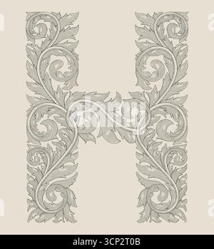 H initial alphabet in floral ornament shape and abstract ornament,  Vintage engraving drawing style illustration Stock Vector