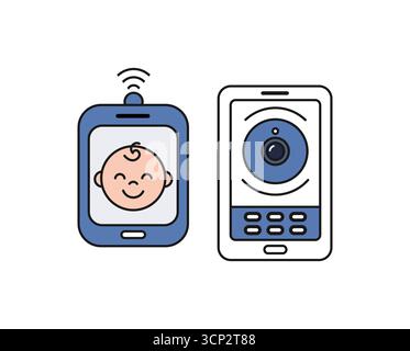 Baby monitor icons wireless device, camera, video, audio, screen, infant care, safety, nursery, connection, technology on white background. Stock Vector