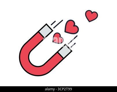 Magnet attracting hearts icon showing love attraction and emotional bonding concept on white background Stock Vector