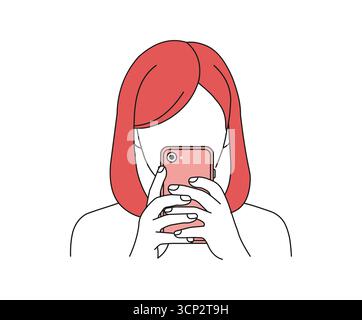 Woman using smartphone illustration, modern mobile communication and social media concept on white background Stock Vector