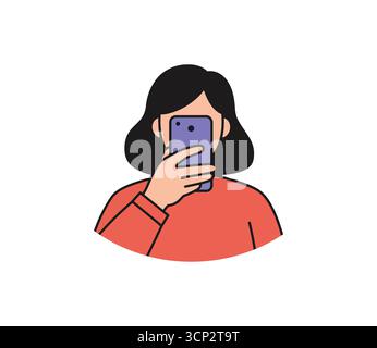 Woman using smartphone illustration with mobile device, modern digital communication and social media concept Stock Vector