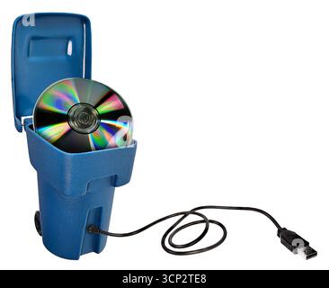 Computer data recovery shown by a USB recycle bin and a set of disks Stock Photo