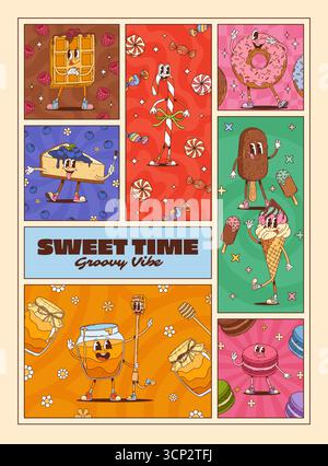 Posters with groovy sweets and dessert characters. Cartoon collage with y2k waffles, cheesecake, ice cream, candy canes, macarons and honey jar treats dancing with hippie celebration and joyful vibes Stock Vector