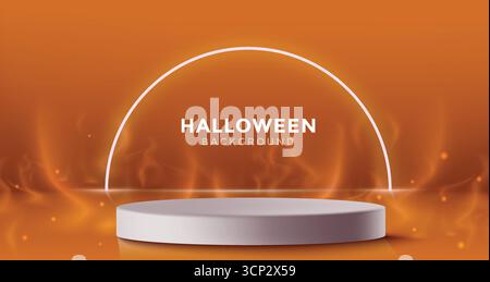 Spooky Halloween greeting background in orange with festive podium stage and glowing arch Stock Vector