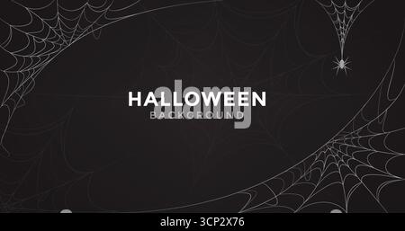 Spooky black Halloween background with spider webs and hanging spider for festive October design Stock Vector
