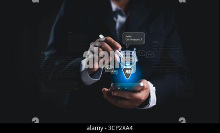 Businessman using stylus with smartphone to interact with virtual AI assistant chatbot hologram, smart technology for mobile innovation, digital commu Stock Photo