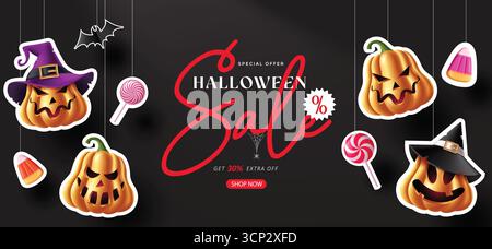 Festive Halloween Pumpkins and Candy Sale Illustration on Dark Background for Seasonal Promotion Stock Vector