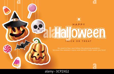 Happy Halloween Pumpkins, Skull, and Sweets Illustration with Bright Orange Festive Background Stock Vector