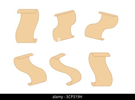 Flat line art illustration of parchment scrolls in different angles and perspectives. Minimal vintage paper, document, certificate or map isolated on Stock Vector