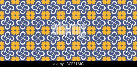 Bold Folk Floral Swirl Seamless Pattern in Blue, White and Yellow Stock Vector