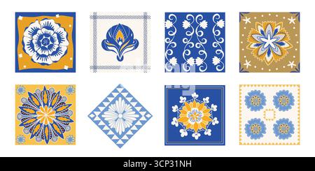 Folk Floral Tiles Set. Retro Mediterranean Blue Yellow Ornament Collection Stock Vector