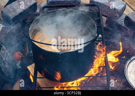 black cast iron cauldron sits on a metal grate above burning wood logs, steam rising from bubbling broth with selective focus Stock Photo