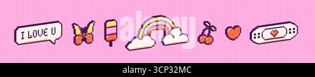 Y2K pixel UI 3d elements. Rainbow, butterfly, cherries, ice cream, heart and speech bubble. Stock Vector