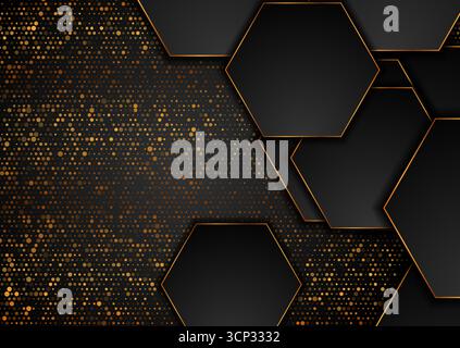Golden and black hexagons on dotted halftone abstract background. Vector geometric design Stock Vector