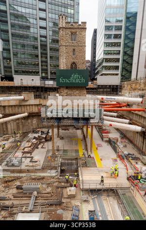 The 700-year-old tower of All Hallows Staining church is elevated on stilts during the 'Bottoming Out' ceremony of the new Fifty Fenchurch Street development in central London. Over 125,000 tonnes of earth has been removed underneath and around the medieval church tower to make way for the development of a new 650,000 sq ft 36-story office tower on the site, where the tower will form the center piece of a new public space. Picture date: Tuesday September 23, 2025. Stock Photo