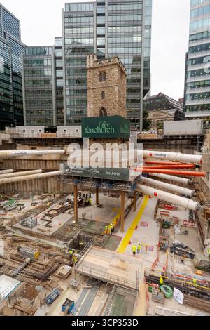 The 700-year-old tower of All Hallows Staining church is elevated on stilts during the 'Bottoming Out' ceremony of the new Fifty Fenchurch Street development in central London. Over 125,000 tonnes of earth has been removed underneath and around the medieval church tower to make way for the development of a new 650,000 sq ft 36-story office tower on the site, where the tower will form the center piece of a new public space. Picture date: Tuesday September 23, 2025. Stock Photo