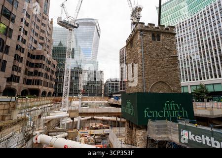 The 700-year-old tower of All Hallows Staining church is elevated on stilts during the 'Bottoming Out' ceremony of the new Fifty Fenchurch Street development in central London. Over 125,000 tonnes of earth has been removed underneath and around the medieval church tower to make way for the development of a new 650,000 sq ft 36-story office tower on the site, where the tower will form the center piece of a new public space. Picture date: Tuesday September 23, 2025. Stock Photo