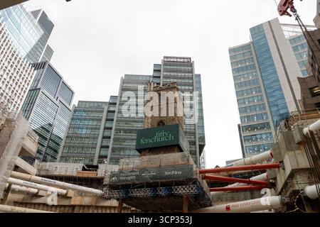 The 700-year-old tower of All Hallows Staining church is elevated on stilts during the 'Bottoming Out' ceremony of the new Fifty Fenchurch Street development in central London. Over 125,000 tonnes of earth has been removed underneath and around the medieval church tower to make way for the development of a new 650,000 sq ft 36-story office tower on the site, where the tower will form the center piece of a new public space. Picture date: Tuesday September 23, 2025. Stock Photo