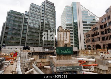The 700-year-old tower of All Hallows Staining church is elevated on stilts during the 'Bottoming Out' ceremony of the new Fifty Fenchurch Street development in central London. Over 125,000 tonnes of earth has been removed underneath and around the medieval church tower to make way for the development of a new 650,000 sq ft 36-story office tower on the site, where the tower will form the center piece of a new public space. Picture date: Tuesday September 23, 2025. Stock Photo