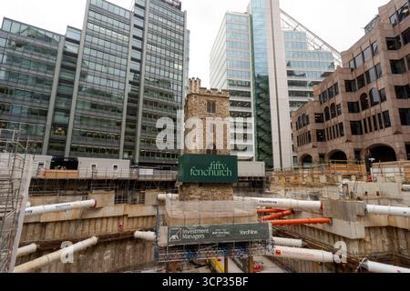 The 700-year-old tower of All Hallows Staining church is elevated on stilts during the 'Bottoming Out' ceremony of the new Fifty Fenchurch Street development in central London. Over 125,000 tonnes of earth has been removed underneath and around the medieval church tower to make way for the development of a new 650,000 sq ft 36-story office tower on the site, where the tower will form the center piece of a new public space. Picture date: Tuesday September 23, 2025. Stock Photo