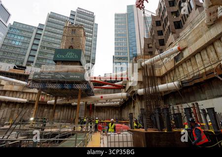 The 700-year-old tower of All Hallows Staining church is elevated on stilts during the 'Bottoming Out' ceremony of the new Fifty Fenchurch Street development in central London. Over 125,000 tonnes of earth has been removed underneath and around the medieval church tower to make way for the development of a new 650,000 sq ft 36-story office tower on the site, where the tower will form the center piece of a new public space. Picture date: Tuesday September 23, 2025. Stock Photo