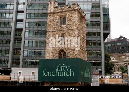 The 700-year-old tower of All Hallows Staining church is elevated on stilts during the 'Bottoming Out' ceremony of the new Fifty Fenchurch Street development in central London. Over 125,000 tonnes of earth has been removed underneath and around the medieval church tower to make way for the development of a new 650,000 sq ft 36-story office tower on the site, where the tower will form the center piece of a new public space. Picture date: Tuesday September 23, 2025. Stock Photo