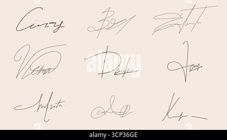 Fake autograph hand drawn signature doodle sketch set free hand pen sign. Ink name sample for contract, certificate, scribble line font. Vector illustration Stock Vector