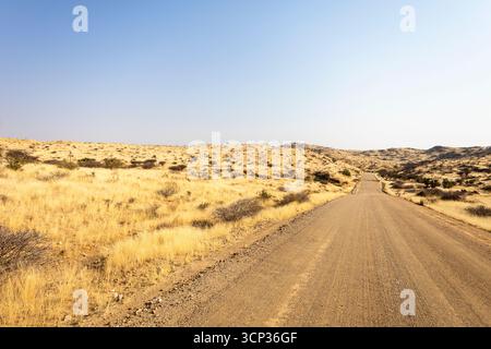 A road Spreetshoogte Pass in Namibia, with a gravel road winding through golden grassland and rocky hills under a bright, clear sky. Stock Photo